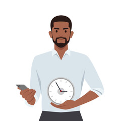 Young man holding phone and clock time, showing how much time you spent on your smart phone. Flat vector illustration isolated on white background
