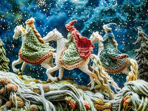 Crocheted Norns on Horses