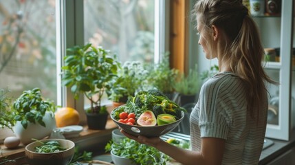 Wellness Focused Social Media Content Planning in a Cozy Kitchen Overlooking Nature