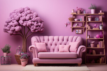 Cartoon 3D interior of a room in lilac and purple shades with a sofa and shelfs on the wall. Generated by artificial intelligence