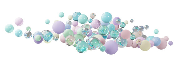 Modern minimalistic panoramic background with many colorful pastel-colored spheres,glass spheres hanging in the air, isolate