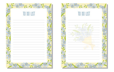 Set planner, to do list, organizer with forget-me-not flowers, leaves, bouquet.