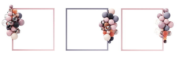 set of frames, border, with many multicolored spheres , crystals and decoration elements swirling around the perimeter of the frame, decoration, festive design, luxury background