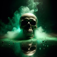 A captivating digital art piece featuring a human skull surrounded by swirling green smoke, reflecting on a dark surface with scattered beads.. AI Generation