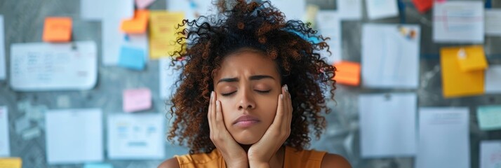 The woman contemplates stress management techniques and strategies on a bulletin board in her office workspace