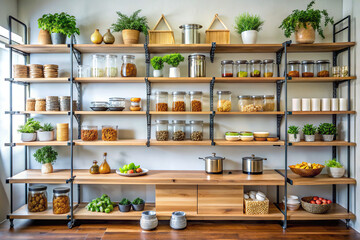 Open shelving displays curated culinary essentials, adding a personal touch to the minimalist aesthetic.