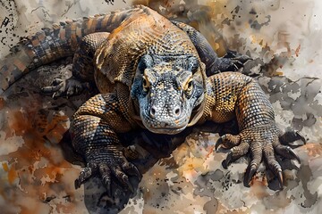 Fototapeta premium Intricate Textures of a Basking Komodo Dragon in Watercolor