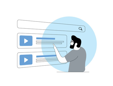 Personalized video marketing. Man clicks on automatically selected video based on his preferences. Personalized targeted video marketing strategy with custom tape ads. Isolated vector illustration