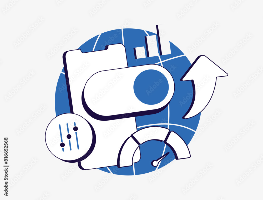 Fototapete Speed Up The Internet Connection. Manage advanced network settings on mobile phone. Website performance optimization. Web browser with speedometer indicator, user experience score isolated vector icon