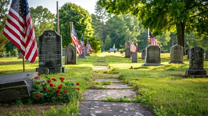 Memorial Day remembrance with flags and tombstones.