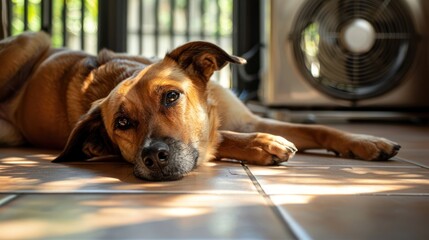 A dog lies on a cool tile in front of a fan on the kitchen floor during the summer.