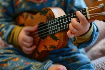 Obraz premium Closeup of a young child's hands playing a small ukulele, emphasizing early music education