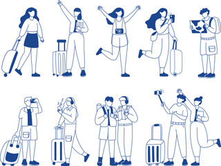 Adobe Illustrator ArtworkTourists and travelers characters, people travel, hiking, excursion trip. Men and women group with backpacks, luggage, map and photo cameras traveling abroad, Line art flat 