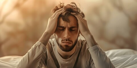 Man experiences sleep issues like insomnia sleep apnea stress headaches and frustration. Concept Sleep Disorders, Insomnia, Sleep Apnea, Stress Management, Headache Relief