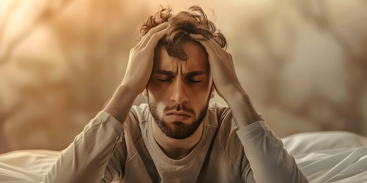 Man experiences sleep issues like insomnia sleep apnea stress headaches and frustration. Concept Sleep Disorders, Insomnia, Sleep Apnea, Stress Management, Headache Relief