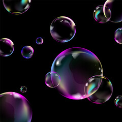 Glowing transparent bubbles on black background. Black background with realistic iridescent bubble with place for text. Square composition with soap bubbles.Creative design.Vector illustration