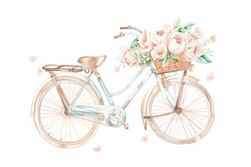 This postcard features a watercolor depiction of a classic blue bicycle with a basket full of flowers. It bringing a touch of nature to the urban streets, showcases a palette of soft pastel tones