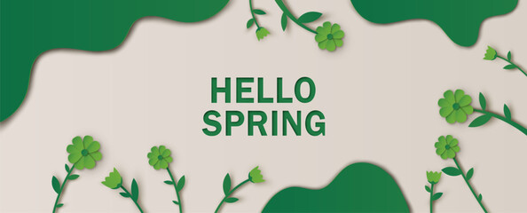 Hello Spring text decoration with flower and leaves on green paper craft. paper cut and craft style. vector, illustration.