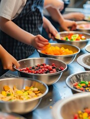 Illustrate a cooking class where students make 100piece snack mixes