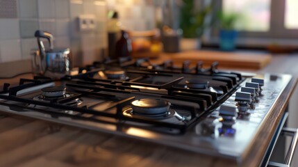 Obraz premium Modern gas stove In a convenient, clean, contemporary kitchen