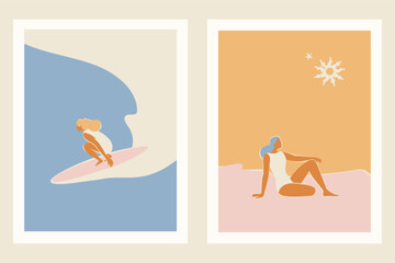 Vector illustration in flat style, summer banner and print, summer and vacation vibes, girl surfing on the wave in the ocean.