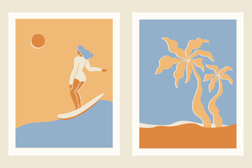Vector illustration in flat style, summer banner and print, summer and vacation vibes, girl surfing on the wave in the ocean.