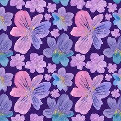 Seamless pattern of hand drawn watercolor flowers floral lilac plants. Herb flower. Drawing summer Botanical greenery illustration on purple background. For fabric, wallpaper, wrapping, textile.
