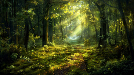 Beautiful deciduous forest with penetrating sun rays.