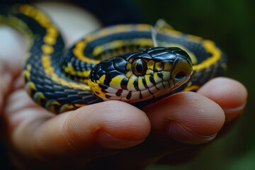 Obraz premium Garter snake macro, snake head closeup, a dangerous reptile in hands, wild nature photo