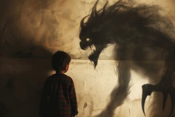 Young boy confronts a large, menacing shadow beast projected on a wall, depicting bravery