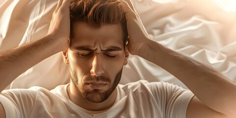 Dealing with Sleep Issues: A Man's Struggle with Insomnia, Sleep Apnea, Stress, Headaches, and Frustration. Concept Sleep Issues, Insomnia, Sleep Apnea, Stress, Headaches, Frustration