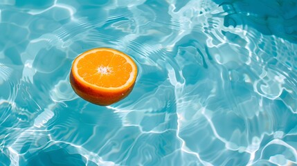 A floating orange on surface of clear blue water