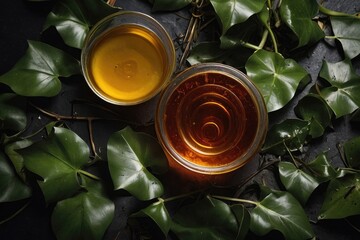 Golden Honey Amidst Lush Green Leaves