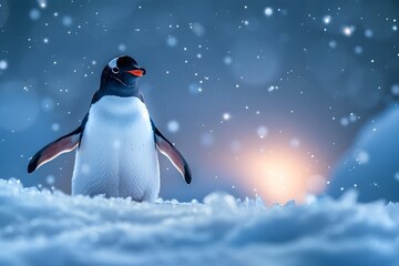 Obraz premium Playful Penguin Waddling on Sparkling Icy Landscape Under Starry Night Sky