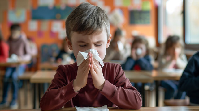 Boy Blowing Nose in Classroom