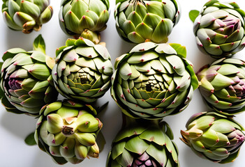 Fototapeta premium Fresh artichokes arranged on a white background