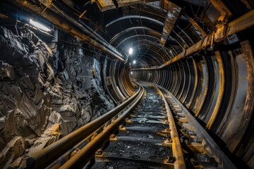 Empty tunnel, post-apocalyptic shelter, rails going into darkness conveyor belt in underground coal mine