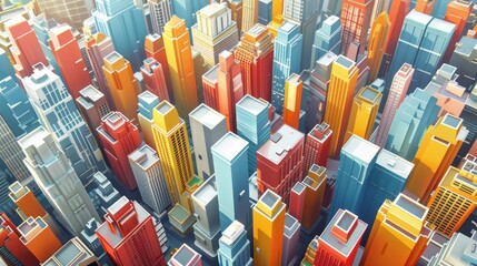 The photo shows a colorful city. The buildings are all different heights and colors.