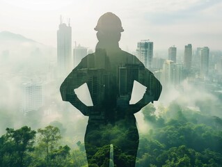Obraz premium Silhouette of a person in a hard hat superimposed over a cityscape and lush greenery, symbolizing the balance between urban development and environmental sustainability