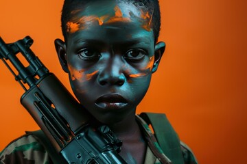 Naklejka premium Young boy with a camouflage shirt and face paint is holding a gun