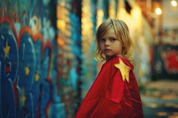 Young child in a red superhero cape stands confidently against a graffiti backdrop
