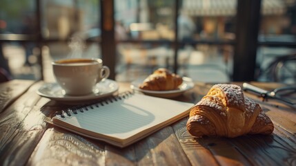 A photo of an open notebook on a table, with croissants and coffee in front of it