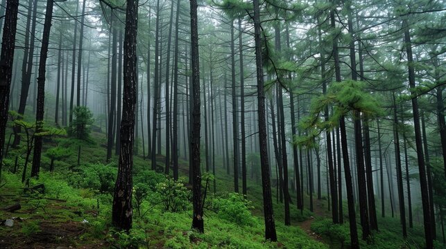 Beautiful dark and green woods An impressive sight of a Deodar forest