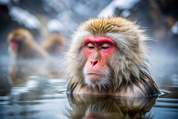 Close-up of a Japanese macaque soaking in a hot spring, eyes closed in blissful relaxation