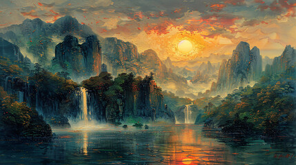 Ink style artistic conception landscape painting, Chinese style freehand artistic conception landscape painting background