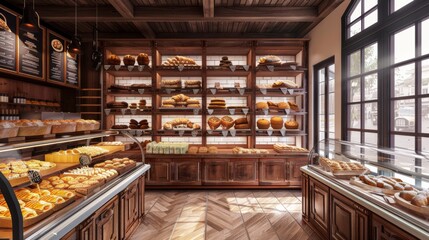 Cozy bakery shop filled with artisan breads, pastries, and vintage decor.