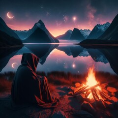 A cloaked figure sits by a campfire, with a surreal landscape of mountains and cosmic sky reflected in a still lake.. AI Generation