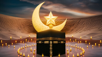 Unveiling the symbols of Eid al Adha, star and crescent, Kaaba, and oil lamps mockup template