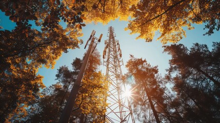 Photograph of a telecommunications base station signal tower with TV and wireless internet antenna.