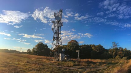 Photograph of a telecommunications base station signal tower with TV and wireless internet antenna.